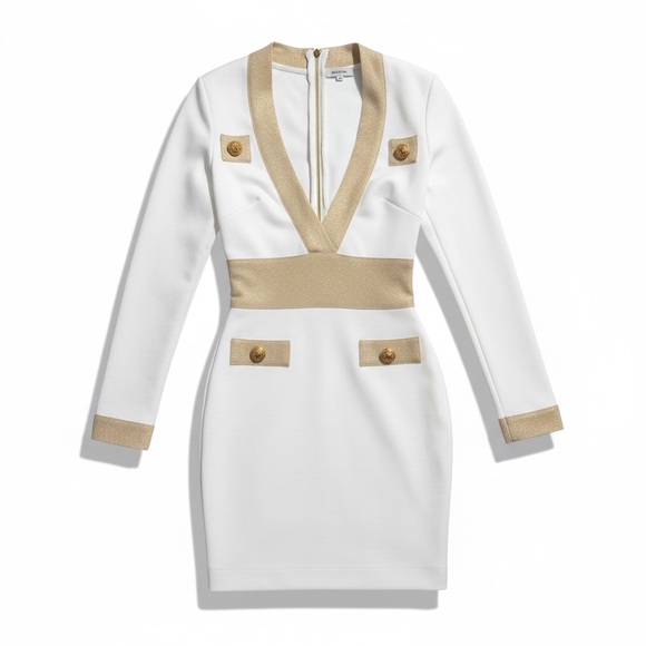unknown Dresses & Skirts - White and Gold V-Neck Long Sleeve Dress